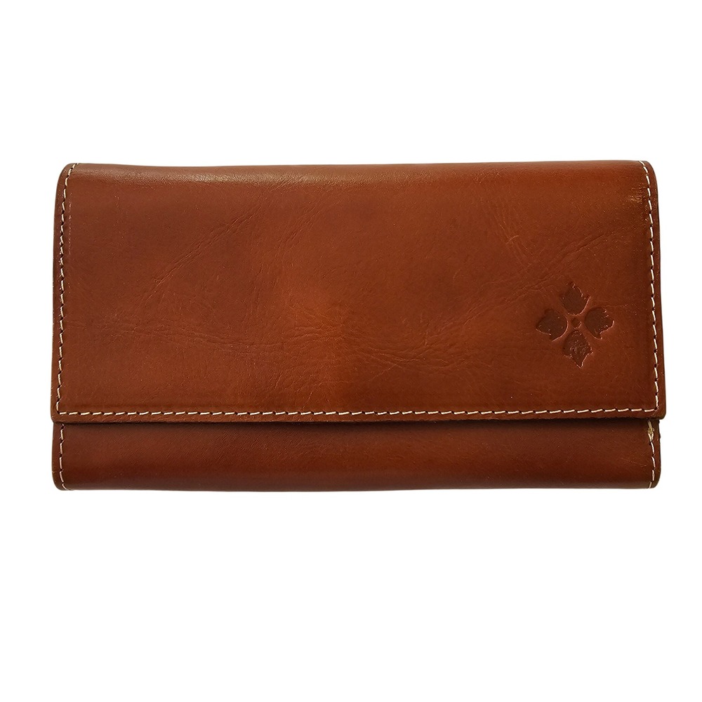 Patricia Nash Tan Leather Trifold Wallet with Contrast Stitching and ID Window